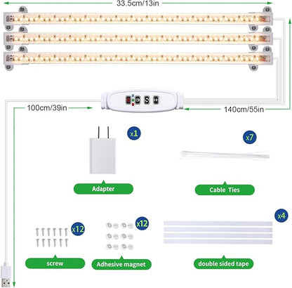 RWNTAO LED Grow Light Strips, Full Spectrum Plant Growing Lights for Indoor Plants 3500K, 144 LEDs Plant Lamp with 3/9/12H Timer, 10 Dimmable Levels, 3 Head 13 Inches