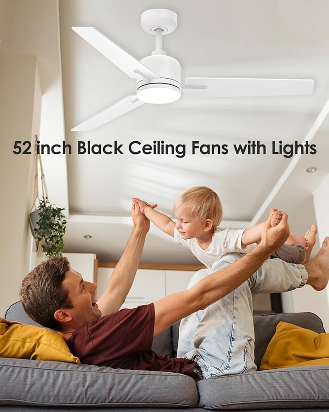 Newday 52 Inch White Ceiling Fan with Lights and Remote, Modern DC Motor Ceiling Fan with 3 Reversible White/Natural Wood Blades, 3CCT Dimmable LED, 6 Speeds, Quiet Fan for Nursery, Bedroom, Patio