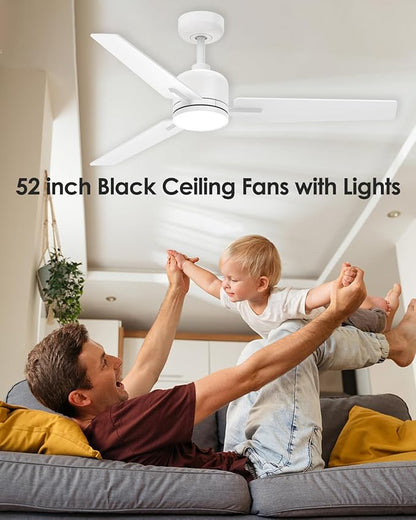 Newday 52 Inch White Ceiling Fan with Lights and Remote, Modern DC Motor Ceiling Fan with 3 Reversible White/Natural Wood Blades, 3CCT Dimmable LED, 6 Speeds, Quiet Fan for Nursery, Bedroom, Patio