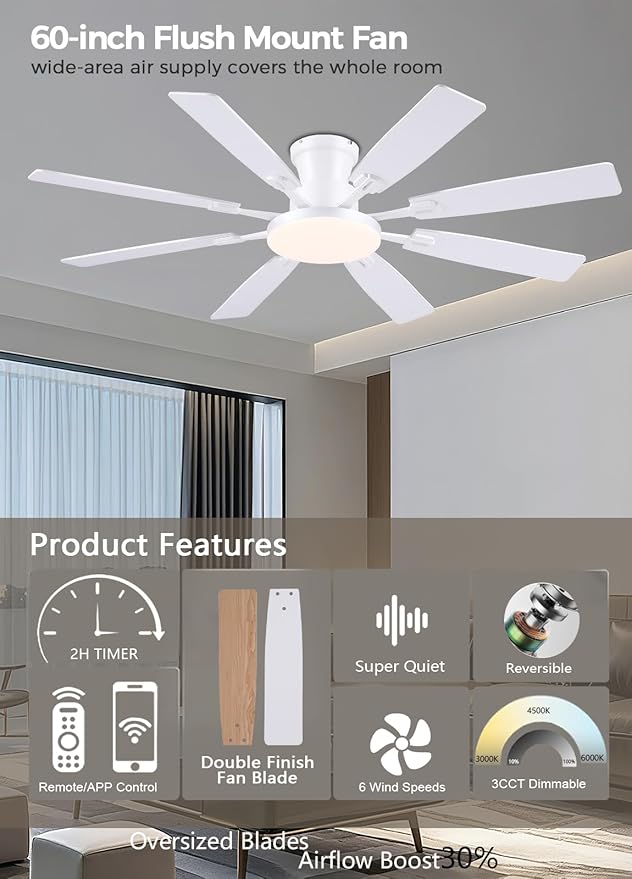 JSAITEE 60Inch Ceiling Fan with Lights and Remotes, Large Low Profile Flush Mount Ceiling Fans,DC Reversible Motor, 3CCT Dimmable,Noiseless,Dual Finish, White 6 Speeds Ceiling Fan for Indoor/Outdoor