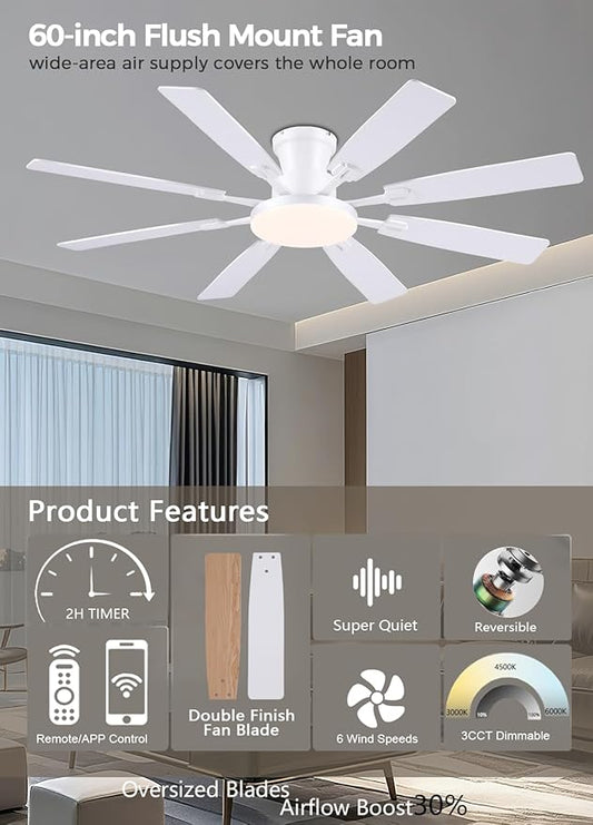 JSAITEE 60Inch Ceiling Fan with Lights and Remotes, Large Low Profile Flush Mount Ceiling Fans,DC Reversible Motor, 3CCT Dimmable,Noiseless,Dual Finish, White 6 Speeds Ceiling Fan for Indoor/Outdoor