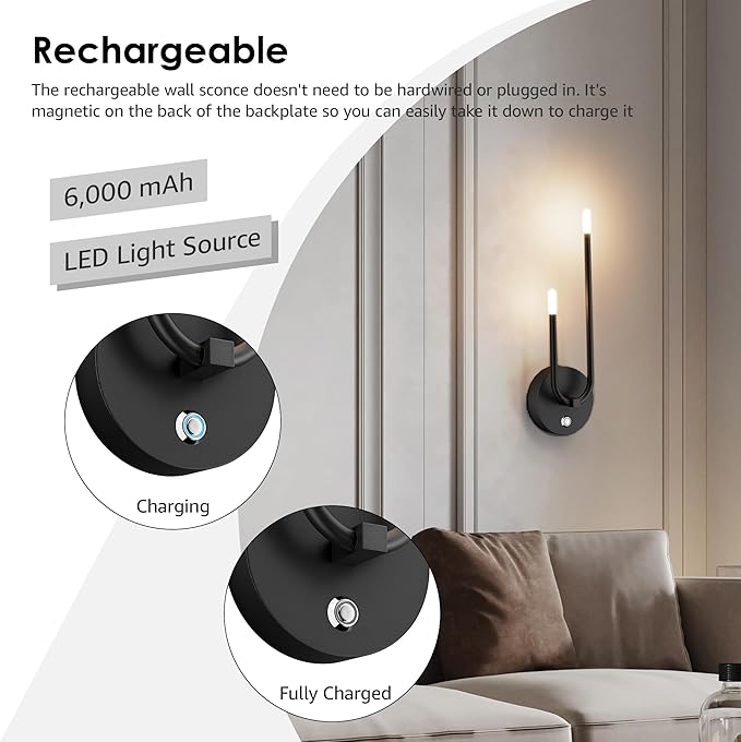 Aipsun Black Battery Operated Wall Sconce Set of 2, Wireless Sconces Modern LED 3000K Rechargeable Wall Sconce Dimmable Battery Wall Light for Living Room,Bedroom