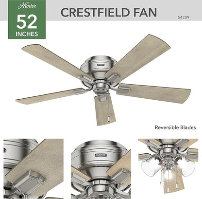 Hunter 52 inch Indoor Ceiling Fan with LED Lights and Pull Chain - Low Profile Flush Mount Ceiling Fan, 5 Blades, For Bedroom, Living Room, or Kitchen, Quiet - Crestfield 54209, Brushed Nickel