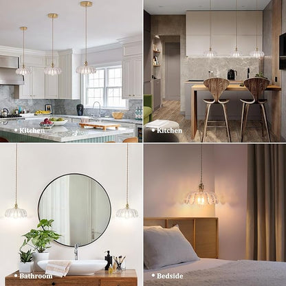 Shenmoyl Pendant Light with Clear Scindapsus Glass Lmapshade, Brass Vintage Pendant Light Adjustable Hanging Light for Kitchen Island Dining Room Hallway