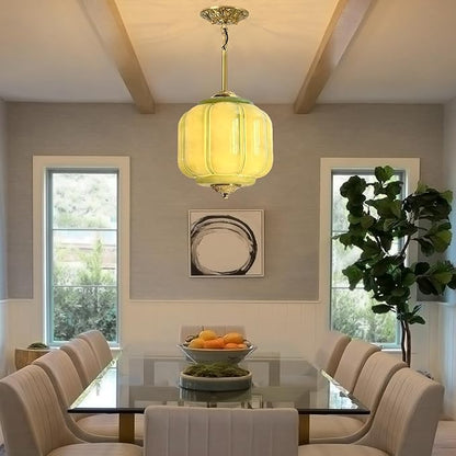 Milk Glass Pendant Light, 10 Inch Green Semi Flush Mount Ceiling Light, Vintage Glass Shade Chandelier With Dimmable E26 Base, Adjustable Hanging Rod, Pendant Light for Bedroom, Hallway, Dining Room