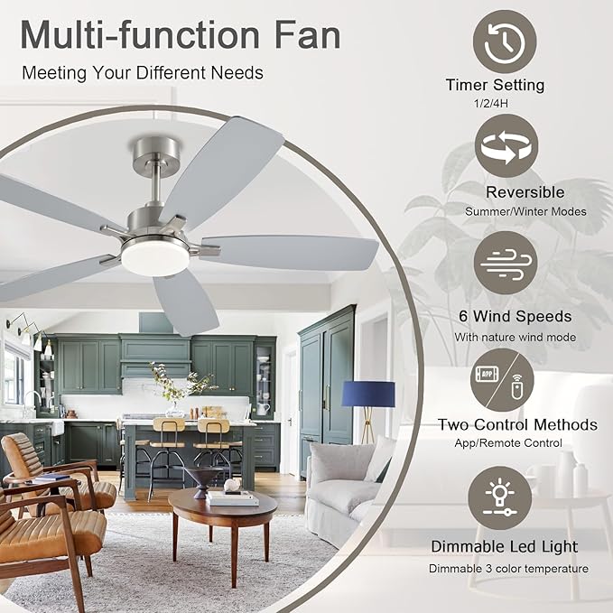 NKPU Ceiling Fans with Lights, 52 Inch Low Profile Ceiling Fan with Light and Remote Control, 2 Downrods, DC Reversible Motor, Dimmable LED Ceiling Fans for Bedroom,Indoor/Outdoor Patio Use（Nickel）