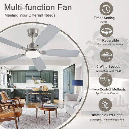 NKPU Ceiling Fans with Lights, 52 Inch Low Profile Ceiling Fan with Light and Remote Control, 2 Downrods, DC Reversible Motor, Dimmable LED Ceiling Fans for Bedroom,Indoor/Outdoor Patio Use（Nickel）