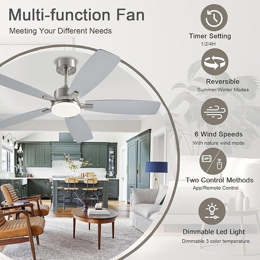 NKPU Ceiling Fans with Lights, 52 Inch Low Profile Ceiling Fan with Light and Remote Control, 2 Downrods, DC Reversible Motor, Dimmable LED Ceiling Fans for Bedroom,Indoor/Outdoor Patio Use（Nickel）
