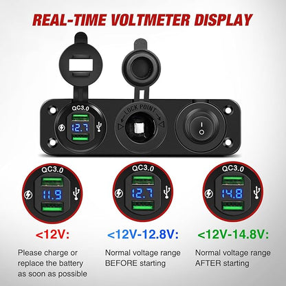 Nilight 4 in 1 Charger Socket Panel Dual QC3.0 USB with LED Voltmeter Display and Cigarette Lighter Power Cutoff Switch for CarsTrucks UTV ATV