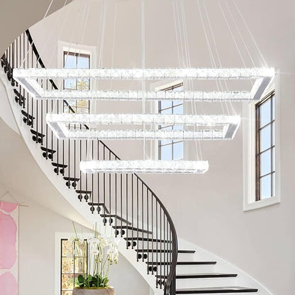 Finktonglan 31.4 inch Modern Crystal Chandelier, 3 Rectangular LED Rings Chandeliers Pendant Ceiling Light for Dining Room Kitchen Island Stair Well (6000K Cool White)