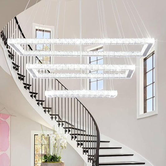 Finktonglan 31.4 inch Modern Crystal Chandelier, 3 Rectangular LED Rings Chandeliers Pendant Ceiling Light for Dining Room Kitchen Island Stair Well (6000K Cool White)