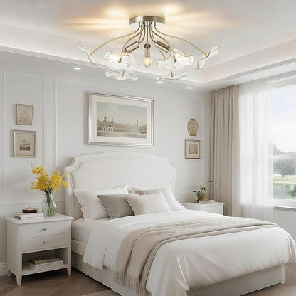 Luvkczc Semi Flush Mount Ceiling Light, Brushed Nickel Ceiling Light Fixture, Modern Floral Glass Lighting for Kitchen Entryway Hallway Bathroom Bedroom Foyer, 3 Light E12 Socket