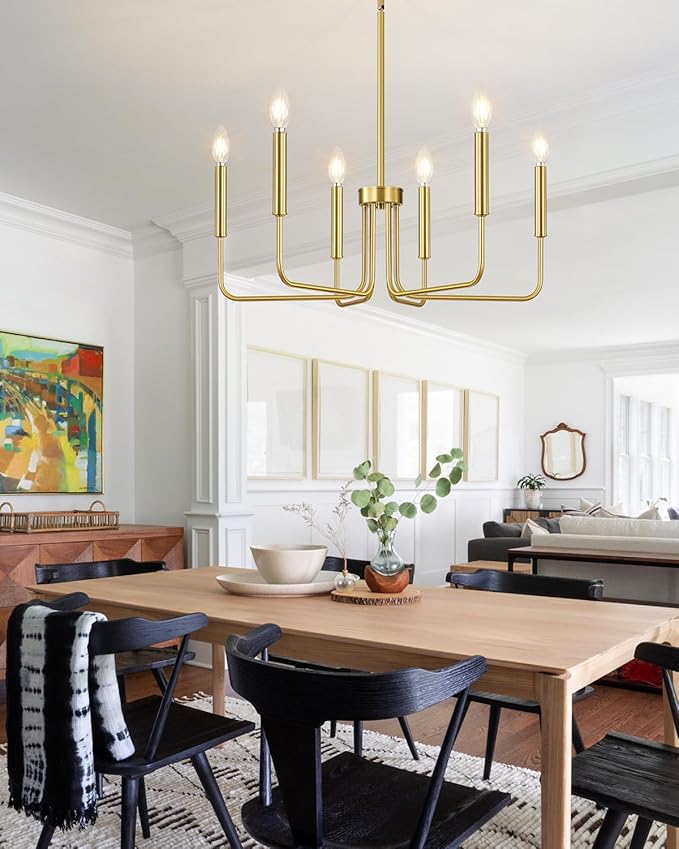 Yunnix Gold Chandelier 6-Light Modern Vintage Candle Pendant Light Fixture in Brass for Dining Room, Kitchen Island, Bedroom and Foyer Lighting (Bulb Not Included)
