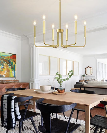 Yunnix Gold Chandelier 6-Light Modern Vintage Candle Pendant Light Fixture in Brass for Dining Room, Kitchen Island, Bedroom and Foyer Lighting (Bulb Not Included)