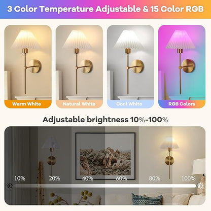 Gold Wireless Wall Sconce Sets of 2, Pleated Shades Rechargeable Battery Operated Wall Sconce, Retro Industrial Wall Lights Bathroom Vanity Sconces, Wall Mounted Lamps for Bedroom Living Room Hallway