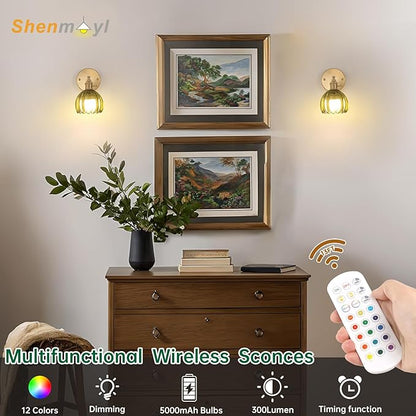 Shenmoyl Vintage Battery Operated Wall Sconce with Green Tulip Glass Lampshade 5000 mAh Rechargeable Battery Powered Wall Light with Remote Control for Bedside Bedroom Doorway, Set of 2