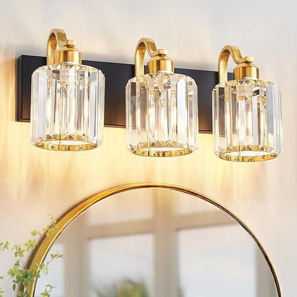 Modern Crystal Bathroom Vanity Lights, Black and Gold 3-Lights Bathroom Light Fixtures Over Mirror, Crystal Wall Lighting for Mirror Bedroom Living Room (Exclude Bulb)