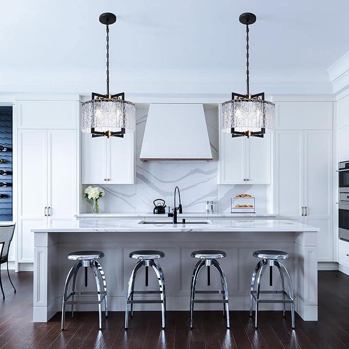 Black Chandeliers for Dining Room,16" Modern Water Ripple Glass Chandelier, Adjustable Height, Elegant Round Crystal Pendant Light Fixture for Kitchen Island Foyer Entryway