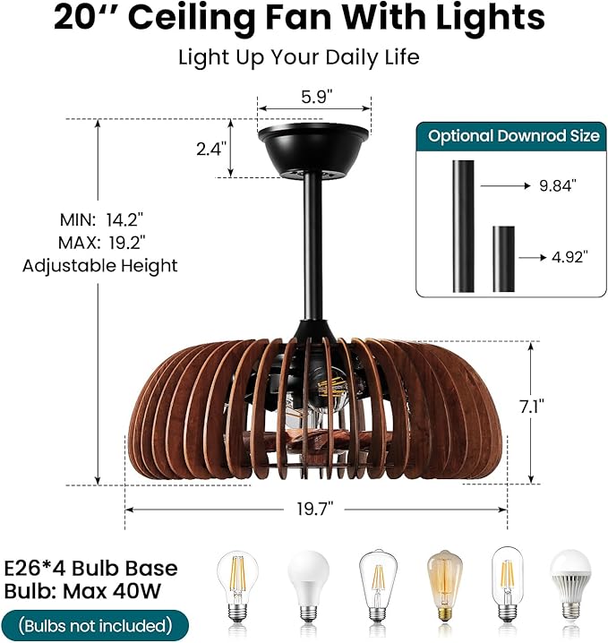 20'' Caged Ceiling Fan with Light, Wooden Low Profile Ceiling Fan with Light and Remote, 6 Speed and Reversible, Farmhouse Fandelier Bladeless Fan Lights for Bedroom, Kitchen