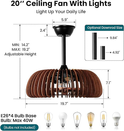 20'' Caged Ceiling Fan with Light, Wooden Low Profile Ceiling Fan with Light and Remote, 6 Speed and Reversible, Farmhouse Fandelier Bladeless Fan Lights for Bedroom, Kitchen