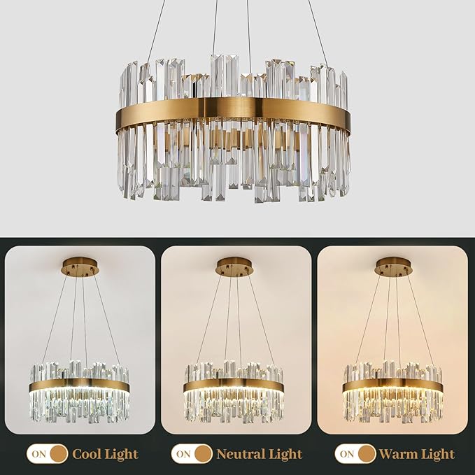 Gold Modern Crystal Led Chandelier: 19.7" Dimmable K9 Crystals Chandeliers over Table - Golden Luxury Round Drum Chandelier - Height Adjustable Sparkly Chandelier for Dining Room Living Room Bedroom
