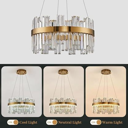 Gold Modern Crystal Led Chandelier: 19.7" Dimmable K9 Crystals Chandeliers over Table - Golden Luxury Round Drum Chandelier - Height Adjustable Sparkly Chandelier for Dining Room Living Room Bedroom