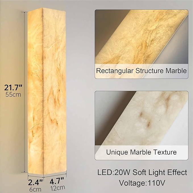 Alabaster Wall Sconces Natural Marble Bathroom Vanity Wall Light Fixture 21.7" Long Marble Wall Sconce Square Alabaster Stone Wall Mount Light Warm Light for Living Room Bedroom Hallway Stairs