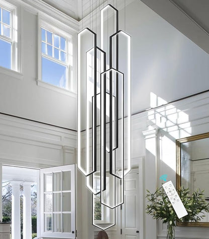6 Rings Black Modern Long Large Chandelier Dimmable LED High Ceiling Chandelier for Living Room Foyer Staircase Enterway Hanging Light Fixture Modern Ceiling Light