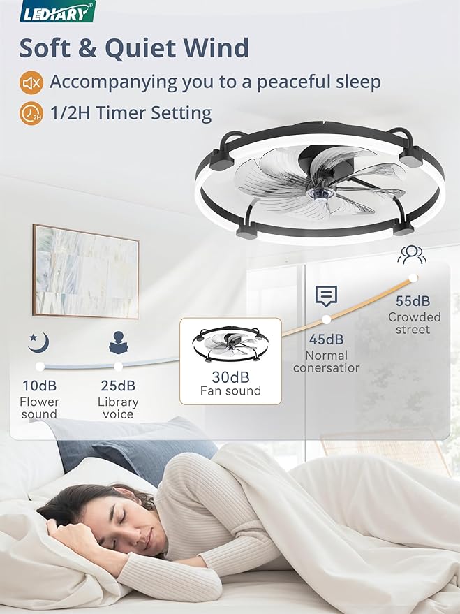 LEDIARY 2 Pack Ceiling Fans with Lights and Remote, 24'' Low Profile Ceiling Fan with Light, 3000-6000K Dimmable Fandelier LED Fan Light, 6 Wind Speeds, Black Flush Mount Ceiling Fan for Bedroom