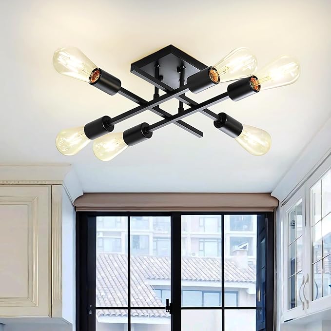 6-Light Semi Flush Mount Ceiling Light Fixture, Industrial Black Close to Ceiling Lighting, Modern E26 Base Sputnik Chandelier Ceiling Lamp for Kitchen Bedroom Living Room Hallway