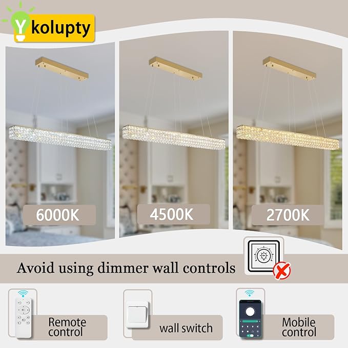 ykolupty W48 Rectangular Gold Crystal Chandelier Modern Rectangle Pendant Ceiling Light Fixture for Living Room Dining Room Kitchen Island Bar