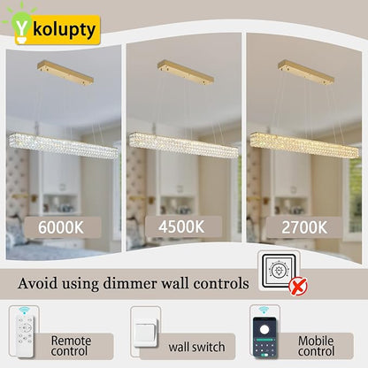 ykolupty W48 Rectangular Gold Crystal Chandelier Modern Rectangle Pendant Ceiling Light Fixture for Living Room Dining Room Kitchen Island Bar