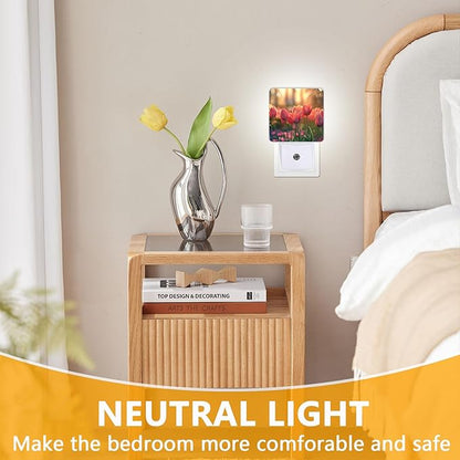 Tulip Flowers Night Light, Plug-into Pink Floral Nightlight White LED Lamp, Energy Efficient Decor Desk Lamp for Bedroom Hallway Stairs Bathroom