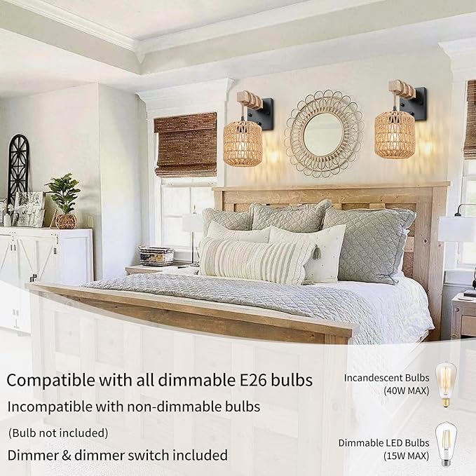 Rattan Boho Wall Sconce, Hardwired Hand-Woven Farmhouse Wall Lamps with Wooden Arm & On/Off Dimmable Switch,Large Rustic Indoor Wall Mount Light Fixtures for Bedroom Nursery Bathroom, 1 Pack