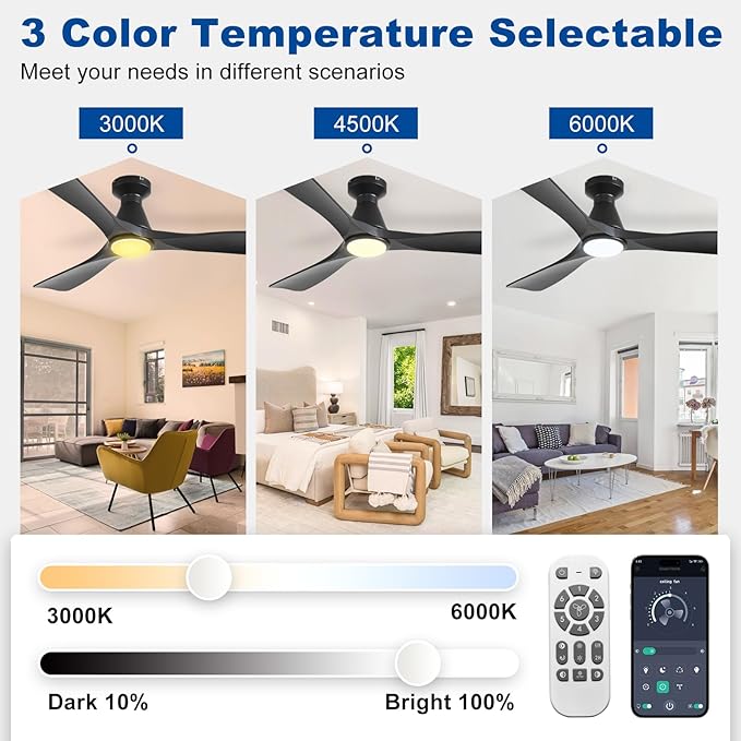 DLLT 52-Inch Ceiling Fans with Lights: Flush Mount Ceiling Fan 3 Blades for Indoor Outdoor - Black Ceiling Fan with Remote APP Control Noiseless for Low Profile Bedroom