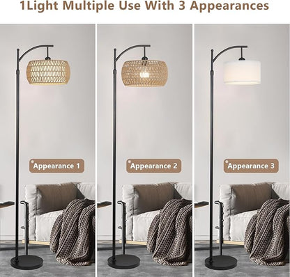 Arc Floor Lamp with Remote Control, Dimmable LED Floor Lamp with 3 Color Temperature, Black Standing Lamp with Rattan & Fabric Double Drum Shade, Boho Farmhouse Tall Pole Lamp for Living Room Bedroom