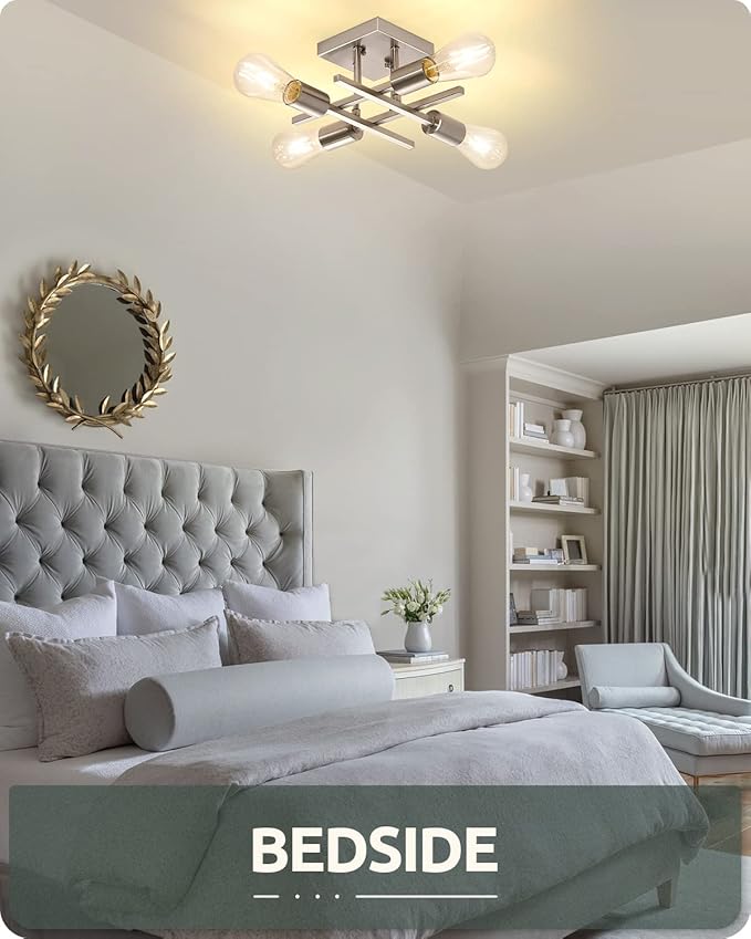 Industrial 4-Light Semi Flush Mount Ceiling Light Fixture, Modern Brushed Nickel Chandelier Lighting, Farmhouse E26 Base Sputnik Ceiling Lamp for Kitchen Bedroom Living Room Hallway