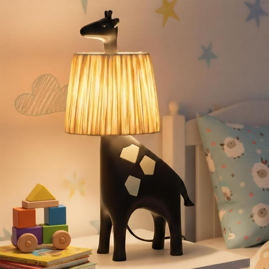 13.7 Inch LED Giraffe Table Lamp, Resin Animal Desk Lamp with Handcrafted Raffia Shade, Unique Decorative Light, Cute Desk Lamps for Nightstand, Bedroom, Playroom, Nursery, Black