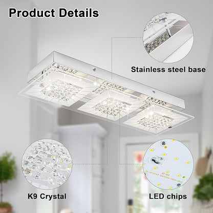 Crystal Ceiling Light Flush Mount Rectangle Ceiling Light Fxiture Modern Hallway Light LED Dimmable 4000K for Kitchen, Bathroom, Bedroom, 18W