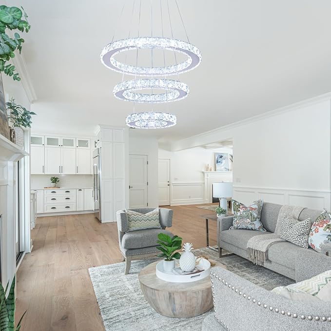 Modern Dimmable LED Chandelier 3 Rings Crystal Chandelier with Remote Stainless Steel Adjustable Pendant Light for Living Dining Room Bedroom