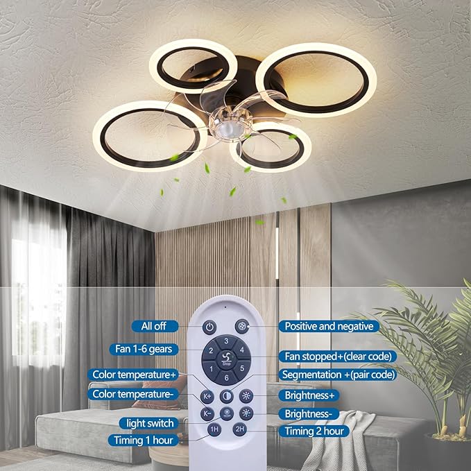 26" Geometric Ceiling Fan with Lights Remote Control, 3 Colors, 6 Speeds, Bladeless, Low Profile for Kitchen, Bedroom