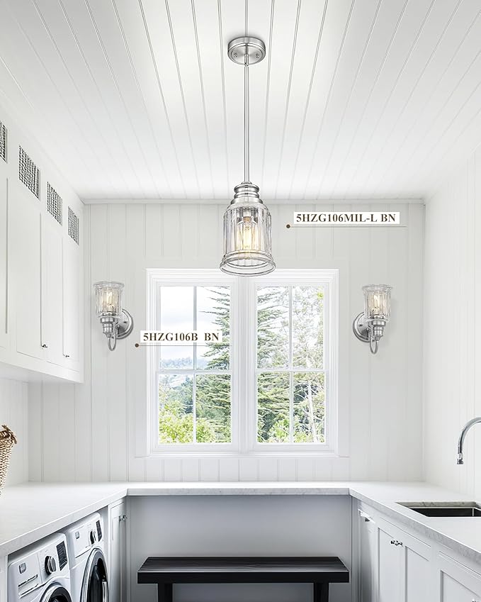 2 Packs Farmhouse Pendant Light Fixtures, HWH 1-Light Hanging Lighting, Kitchen Pendant Lighting Over Island, Brushed Nickel and Bell-Shaped Fluted Clear Glass, 5HZG106MIL-2L BN