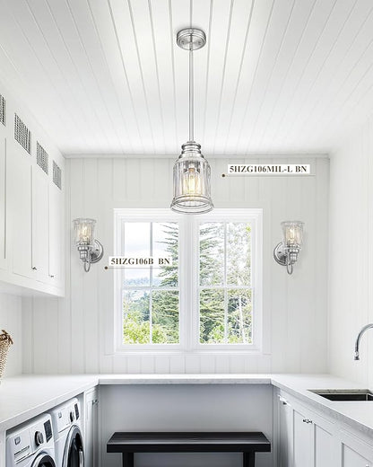 HWH Pendant Light Kitchen Island, Bell-Shaped Fluted Clear Glass Pendant Light, Pendant Lighting Height Adjustable for Dining Room, Brushed Nickel, 5HZG106MIL-L BN