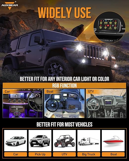 Auxbeam 8 Gang Switch Panel RB80 Toggle Momentary Pulsed RGB Dimmable Switch Panel Multifunction Panel Two Sided Output Marine Switch Panel IP65 Waterproof for Car Boat RV, 3 Years Warranty