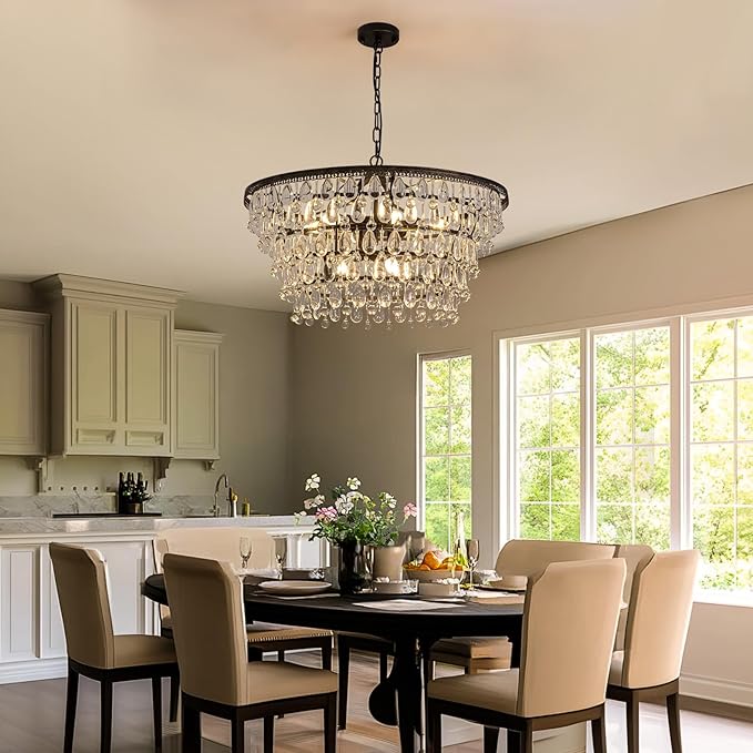 7PM Vintage Crystal Chandelier for Dining Room,28-inch Antique Crystal Ceiling Light Fixture, 5-Tier Bronze Chandelier for Living Room, Kitchen Island, Bedroom, Entryway