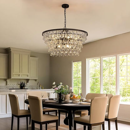 7PM Vintage Crystal Chandelier for Dining Room,28-inch Antique Crystal Ceiling Light Fixture, 5-Tier Bronze Chandelier for Living Room, Kitchen Island, Bedroom, Entryway