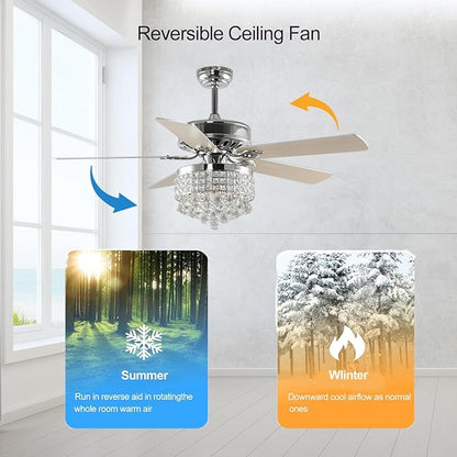 52Inch Crystal Ceiling Fan with Lights, 5 Wood Blades and Gorgeous Light Fixture, Modern Fandelier Ceiling Fan with Noiseless Motor, Chandelier Fan with Remote for Bedroom,Living Room