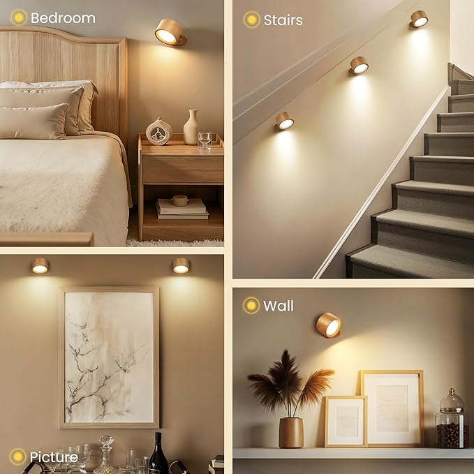 Wall Mounted Lamp LED Wall Lights with Rechargeable Battery Operated, 3 Color Temperatures & 3 Brightness Levels 360°Rotate Magnetic Ball, Cordless Sconces for Reading Bedroom Bedside,Wood-1 Pack