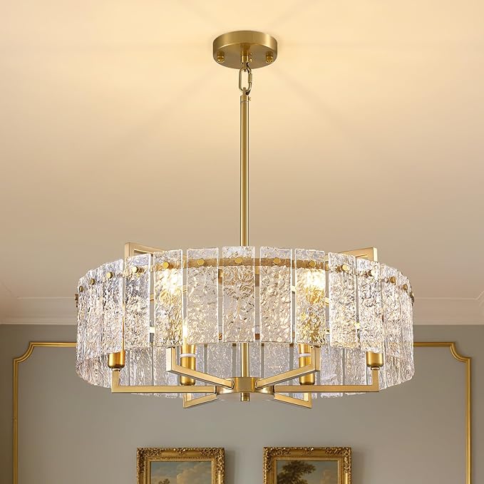 23.62" Gold Water Ripple Glass Chandeliers, 6-Light Modern Round Chandelier, Luxury Drum Chandelier Lighting Fixtures for Living Room Dining Room Kitchen Bedroom Foyer Hotel