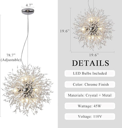 Sputnik Dining Room Chandelier, Modern Dandelion Hanging Lamp, Crystal Beaded Lighting, Round 9-Light Pendant Light Fixtures for Kitchen Island Bedroom Living Room Entryway (Chrome, D19.6inch)
